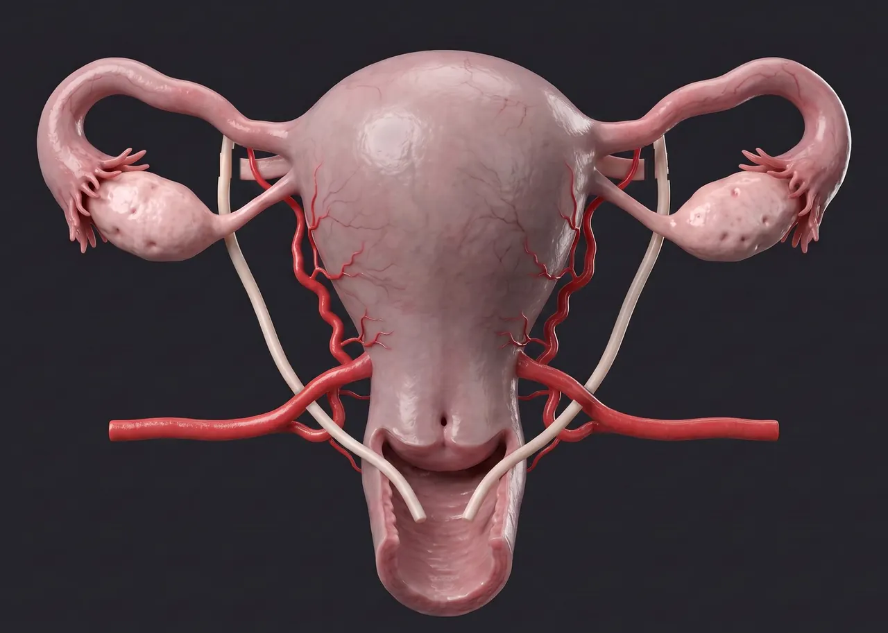 The uterus, tubes and ovaries with the uterine arteries crossing over the ureters, rendered for the book